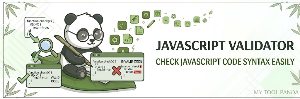 Header banner for My Tool Panda's Javascript Validator, featuring a panda validating Javascript code with a magnifying glass over a digital interface on a leaf.