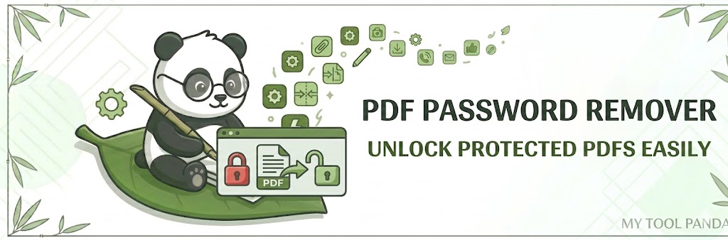 Header banner for My Tool Panda's PDF Password Remover tool, featuring a panda unlocking a protected PDF file with a padlock on a leaf.
