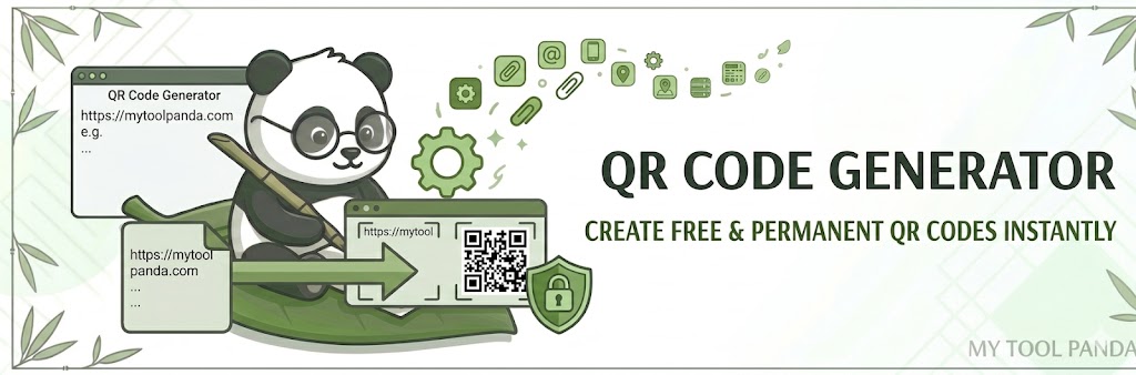 Header banner for My Tool Panda's QR Code Generator, featuring a panda sitting on a leaf, holding a stylus over a modern digital interface which displays raw text on the left and a scannable, secure QR code on the right, connected by a green conversion arrow, consistent with the fresh green and white visual identity.