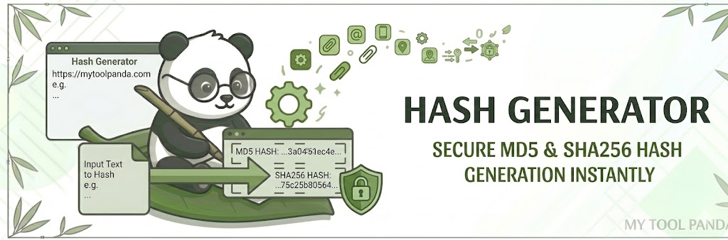 Header banner for My Tool Panda's Hash Generator, featuring a panda visibly demonstrating secure MD5 and SHA256 generation