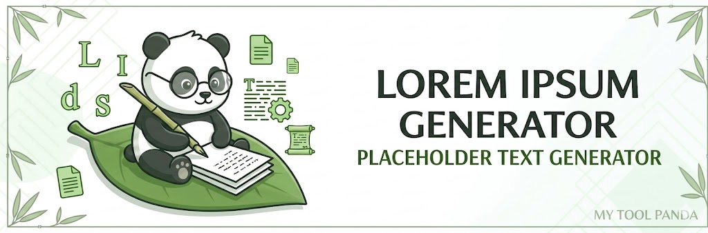Header banner for My Tool Panda's Lorem Ipsum Generator, showing a friendly panda on a leaf with document icons.