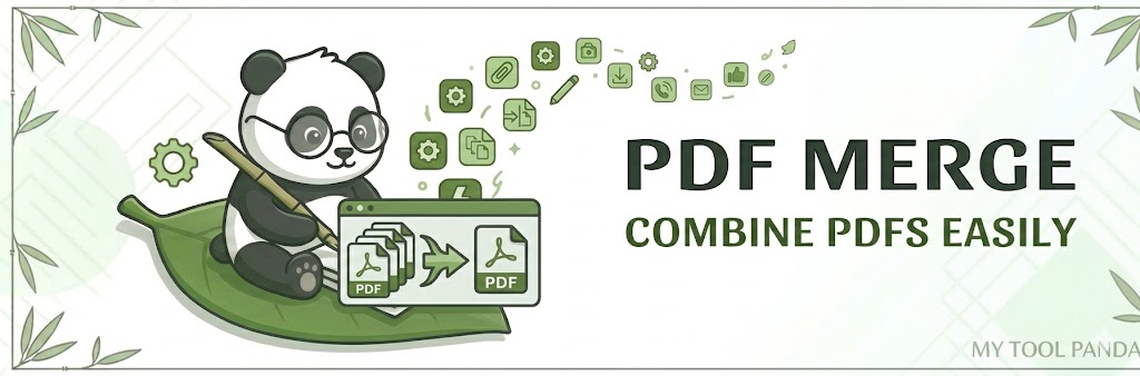Header banner for My Tool Panda's PDF Merge tool, featuring a panda combining multiple PDF files into one on a leaf.