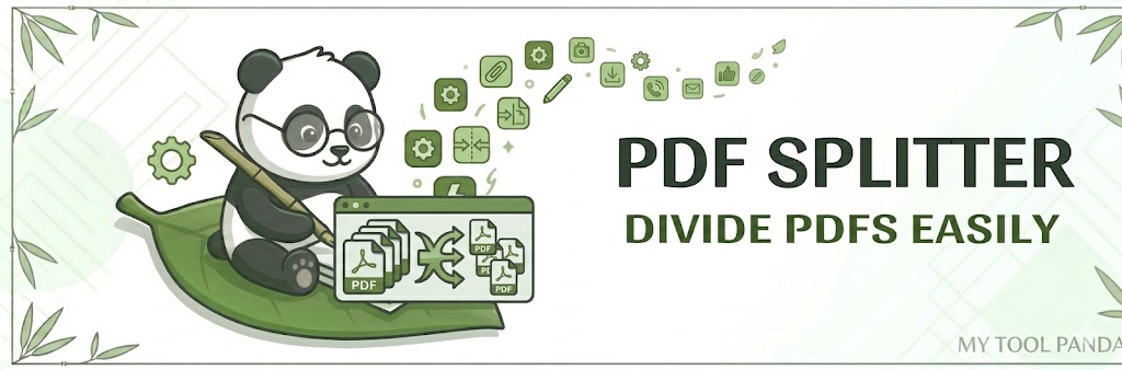 Header banner for My Tool Panda's PDF Splitter tool, featuring a panda dividing a single PDF file into multiple separate documents on a leaf.